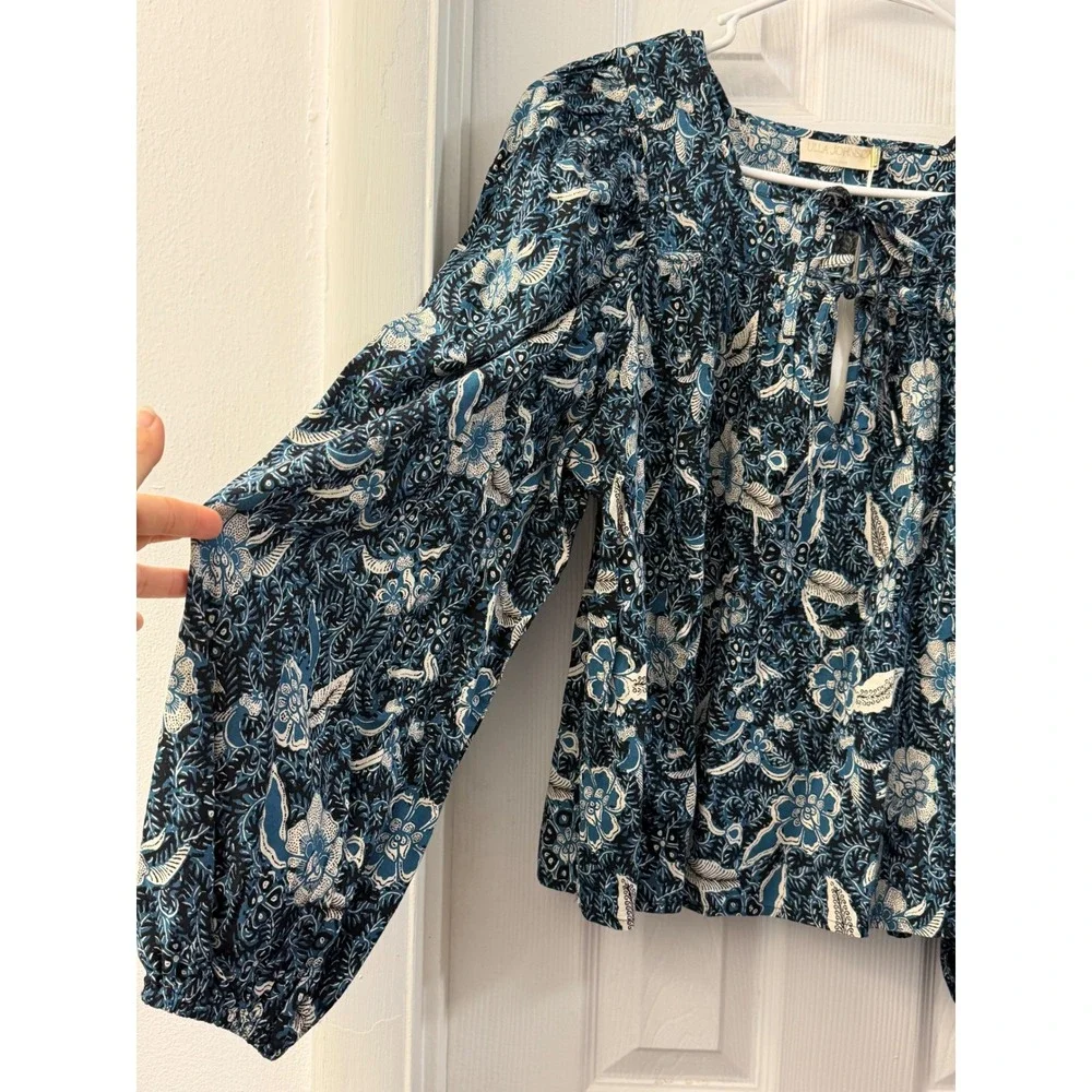 Ulla Johnson Issa Blouse Midnight Blue Floral Puff Sleeve Size 2 NWT Cottagecore
